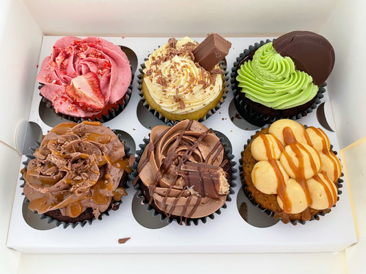 Mixed box of cupcakes. Strawberry, Kitkat, Chocolate Mint, Chocolate Caramel, Nutella, Banoffee flavoured cupcakes