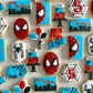 Spiderman 5th Birthday Cookies. Birthday cake, balloon, number, happy birthday, and Spiderman designs. Red, white, blue, and black cookies